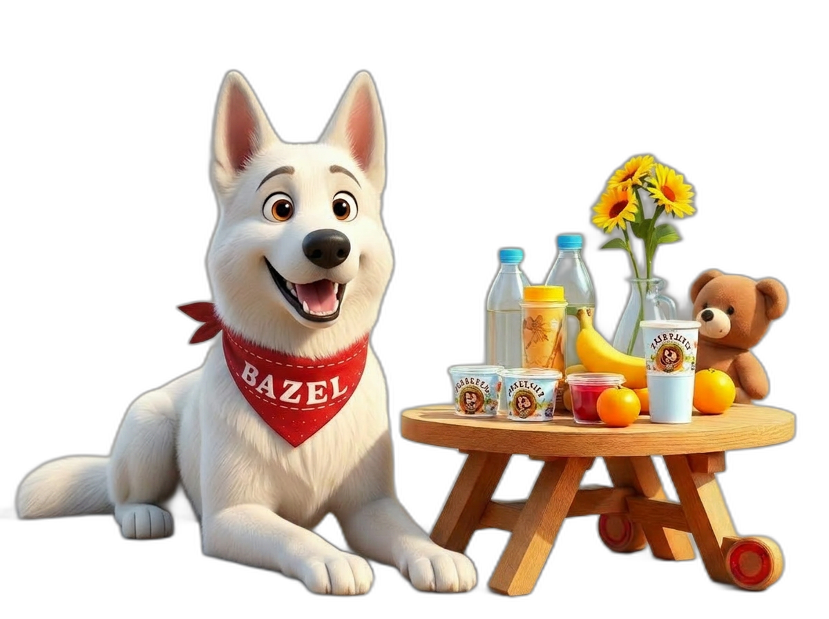 Illustrated table full of fruit, water and supplies with a friendly puppy